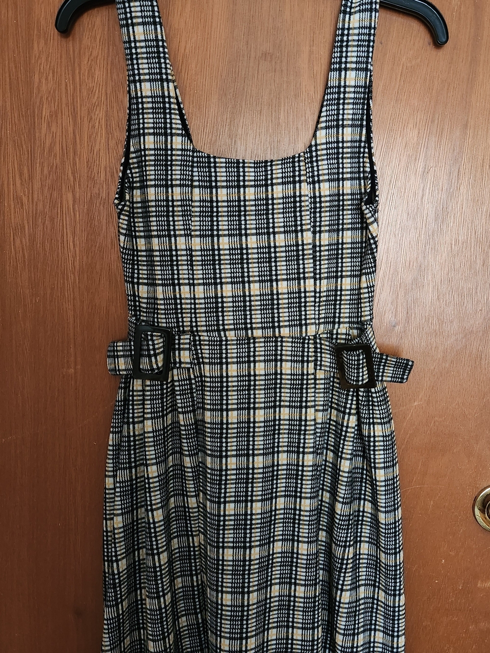 Topshop Black and Cream Checked Mini Dress with Buckle Details